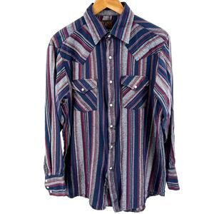Plains Western Wear Navy Striped 100% Cotton Pearl Snap Flannel Shirt